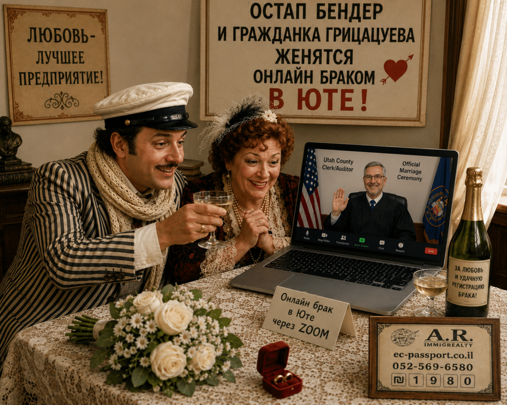 ₪ 1️⃣9️⃣8️⃣0️⃣ КАК ВЫЙТИ Замуж за Израильтянина онлайн через Юту - Ваш Путеводитель к Счастливой Семейной Жизни ⭐⭐⭐⭐⭐ 4 Остап Бендер и гражданка Грицацуева проходят церемонию онлайн брака в Юте через Zoom.