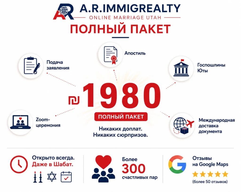 ОНЛАЙН БРАК без выезда из Израиля ₪ 1️⃣9️⃣8️⃣0️⃣ Полное руководство по легализации гражданских союзов в 2026 году 🌹⭐ 3 Инфографика полного пакета онлайн брака в Юте от A.R. IMMIGREALTY стоимостью ₪1980 с перечислением услуг, входящих в стоимость.