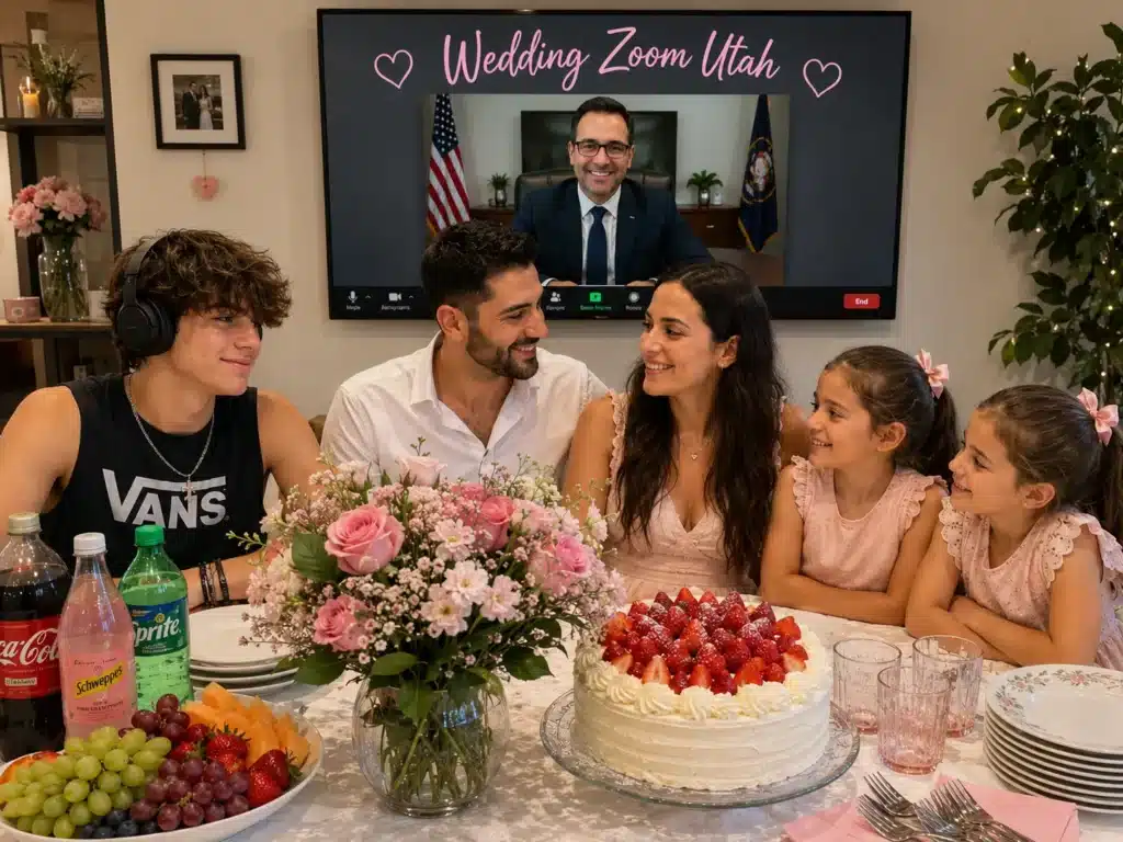 נישואי יוטה ₪ 1️⃣9️⃣8️⃣0️⃣ המדריך המלא לרישום נישואין אונליין במשרד הפנים 2026 (נישואי יוטה) 2 Семья празднует онлайн брак в штате Юта через Zoom во время официальной свадебной церемонии, находясь в Израиле.