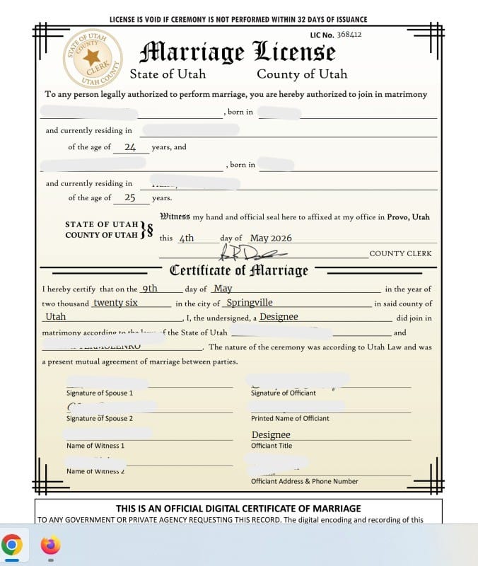 Чек-лист документов для брака через Юту 1 Utah Marriage License онлайн